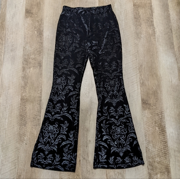 Black Velvet Flared Pants Floral Print - Picture 3 of 7